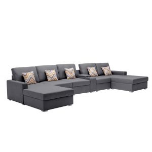 Lilola Home - Nolan Gray Linen Fabric 6Pc Double Chaise Sectional Sofa with Interchangeable Legs, a USB, Charging Ports, Cupholders, Storage Console Table and Pillows - 89425-6A