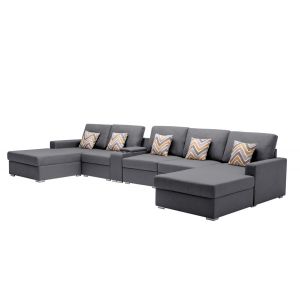 Lilola Home - Nolan Gray Linen Fabric 6Pc Double Chaise Sectional Sofa with Interchangeable Legs, a USB, Charging Ports, Cupholders, Storage Console Table and Pillows - 89425-6B