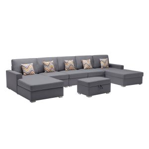 Lilola Home - Nolan Gray Linen Fabric 6Pc Double Chaise Sectional Sofa with Interchangeable Legs, Storage Ottoman, and Pillows - 89425-24