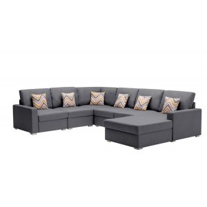 Lilola Home - Nolan Gray Linen Fabric 6Pc Reversible Chaise Sectional Sofa with Pillows and Interchangeable Legs - 89425-5A