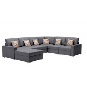 Lilola Home - Nolan Gray Linen Fabric 6Pc Reversible Chaise Sectional Sofa with Pillows and Interchangeable Legs - 89425-5B