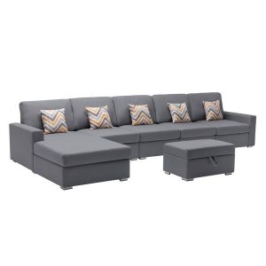Lilola Home - Nolan Gray Linen Fabric 6Pc Reversible Sectional Sofa Chaise with Interchangeable Legs, Pillows and Storage Ottoman - 89425-27A