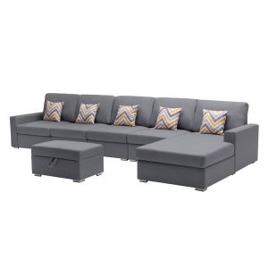 Lilola Home - Nolan Gray Linen Fabric 6Pc Reversible Sectional Sofa Chaise with Interchangeable Legs, Pillows and Storage Ottoman - 89425-27B