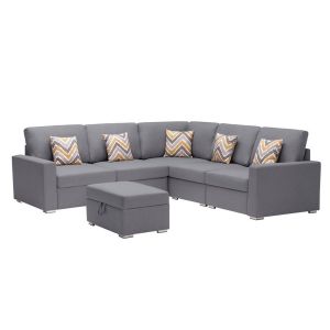 Lilola Home - Nolan Gray Linen Fabric 6Pc Reversible Sectional Sofa with Pillows, Storage Ottoman, and Interchangeable Legs - 89425-16