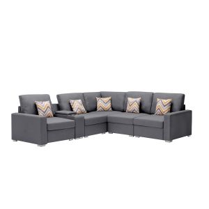 Lilola Home - Nolan Gray Linen Fabric 6Pc Reversible Sectional Sofa with a USB, Charging Ports, Cupholders, Storage Console Table and Pillows and Interchangeable Legs - 89425-2B