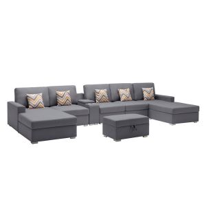 Lilola Home - Nolan Gray Linen Fabric 7Pc Double Chaise Sectional Sofa with Interchangeable Legs, Storage Ottoman, Pillows, and a USB, Charging Ports, Cupholders, Storage Console Table - 89425-26