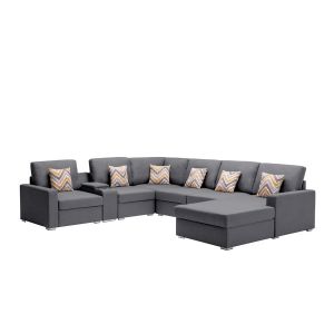 Lilola Home - Nolan Gray Linen Fabric 7Pc Reversible Chaise Sectional Sofa with a USB, Charging Ports, Cupholders, Storage Console Table and Pillows and Interchangeable Legs - 89425-3A