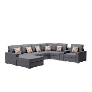 Lilola Home - Nolan Gray Linen Fabric 7Pc Reversible Chaise Sectional Sofa with a USB, Charging Ports, Cupholders, Storage Console Table and Pillows and Interchangeable Legs - 89425-3B