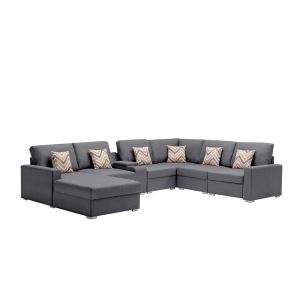 Lilola Home - Nolan Gray Linen Fabric 7Pc Reversible Chaise Sectional Sofa with a USB, Charging Ports, Cupholders, Storage Console Table and Pillows and Interchangeable Legs - 89425-4B
