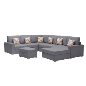 Lilola Home - Nolan Gray Linen Fabric 7Pc Reversible Chaise Sectional Sofa with Interchangeable Legs, Pillows and Storage Ottoman - 89425-20A