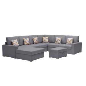 Lilola Home - Nolan Gray Linen Fabric 7Pc Reversible Chaise Sectional Sofa with Interchangeable Legs, Pillows and Storage Ottoman - 89425-20B
