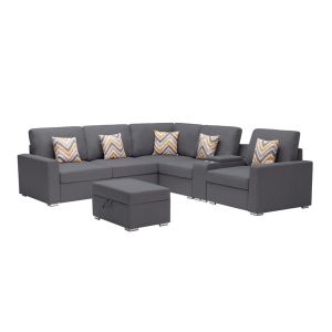 Lilola Home - Nolan Gray Linen Fabric 7Pc Reversible Sectional Sofa with Interchangeable Legs, Pillows, Storage Ottoman, and a USB, Charging Ports, Cupholders, Storage Console Table - 89425-17A