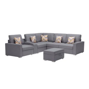 Lilola Home - Nolan Gray Linen Fabric 7Pc Reversible Sectional Sofa with Interchangeable Legs, Pillows, Storage Ottoman, and a USB, Charging Ports, Cupholders, Storage Console Table - 89425-17B