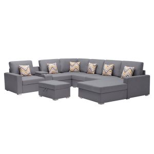 Lilola Home - Nolan Gray Linen Fabric 8Pc Reversible Chaise Sectional Sofa with Interchangeable Legs, Pillows, Storage Ottoman, and a USB, Charging Ports, Cupholders, Storage Console Table - 89425-18A