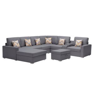 Lilola Home - Nolan Gray Linen Fabric 8Pc Reversible Chaise Sectional Sofa with Interchangeable Legs, Pillows, Storage Ottoman, and a USB, Charging Ports, Cupholders, Storage Console Table - 89425-18B
