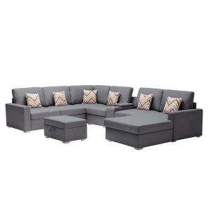 Lilola Home - Nolan Gray Linen Fabric 8Pc Reversible Chaise Sectional Sofa with Interchangeable Legs, Pillows, Storage Ottoman, and a USB, Charging Ports, Cupholders, Storage Console Table - 89425-19A
