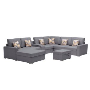 Lilola Home - Nolan Gray Linen Fabric 8Pc Reversible Chaise Sectional Sofa with Interchangeable Legs, Pillows, Storage Ottoman, and a USB, Charging Ports, Cupholders, Storage Console Table - 89425-19B
