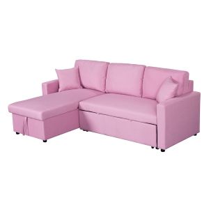Lilola Home - Paisley Pink Linen Fabric Reversible Sleeper Sectional Sofa with Storage Chaise  - 81410PK