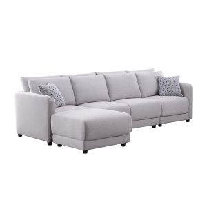 Lilola Home - Penelope Light Gray Linen Fabric 4-Seater Sofa with Ottoman and Pillows - 89126-8A