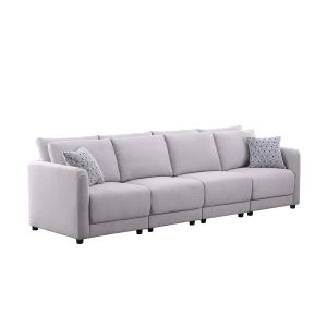 Lilola Home - Penelope Light Gray Linen Fabric 4-Seater Sofa with Pillows - 89126-7