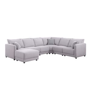Lilola Home - Penelope Light Gray Linen Fabric Reversible 7PC Modular Sectional Sofa with Ottoman and Pillows - 89126-1A