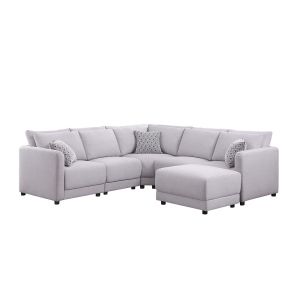 Lilola Home - Penelope Light Gray Linen Fabric Reversible L-Shape Sectional Sofa with Ottoman and Pillows - 89126-11B