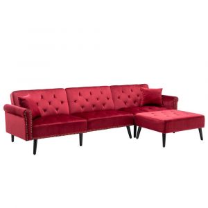 Lilola Home - Piper Jujube Red Velvet Sofa Bed with Ottoman and 2 Accent Pillows - 87842RD