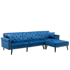 Lilola Home - Piper Navy Blue Velvet Sofa Bed with Ottoman and 2 Accent Pillows - 87842BU