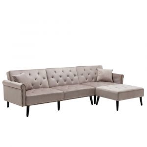 Lilola Home - Piper Silver Gray Velvet Sofa Bed with Ottoman and 2 Accent Pillows - 87842