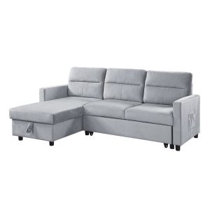 Lilola Home - Ruby Light Gray Velvet Reversible Sleeper Sectional Sofa with Storage Chaise and Side Pocket - 889331LG