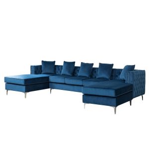 Lilola Home - Ryan Deep Blue Velvet Double Chaise Sectional Sofa with Nail-Head Trim - 87841BU