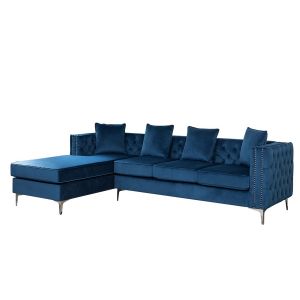 Lilola Home - Ryan Deep Blue Velvet Reversible Sectional Sofa Chaise with Nail-Head Trim - 87840BU