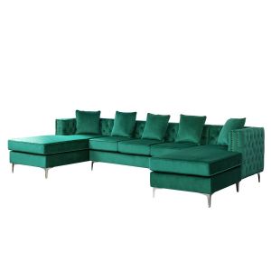 Lilola Home - Ryan Green Velvet Double Chaise Sectional Sofa with Nail-Head Trim - 87841GN
