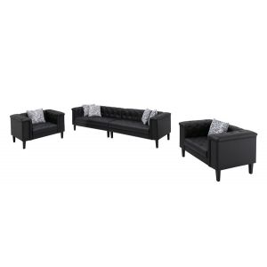 Lilola Home - Sarah Black Vegan Leather Tufted Sofa 2 Chairs Living Room Set With 6 Accent Pillows - 89224-SCC