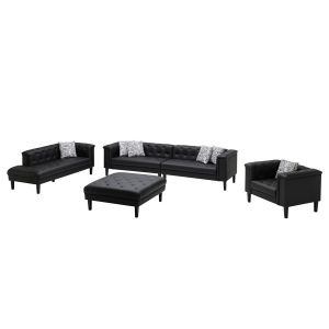 Lilola Home - Sarah Black Vegan Leather Tufted Sofa Chaise Chair Ottoman Living Room Set With 6 Accent Pillows - 89224