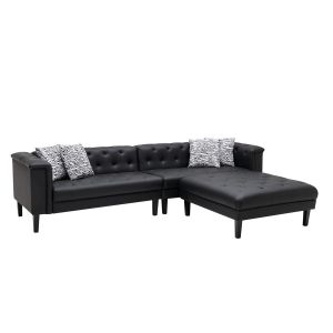 Lilola Home - Sarah Black Vegan Leather Tufted Sofa Ottoman Living Room Set With 4 Accent Pillows - 89224-SO