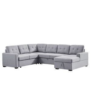 Lilola Home - Selene Light Gray Linen Fabric Sleeper Sectional Sofa with Storage Chaise - 89129