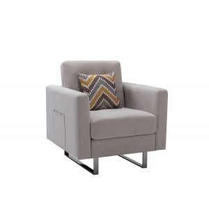 Lilola Home - Victoria Beige Linen Fabric Armchair with Metal Legs, Side Pockets, and Pillow - 88865BE-C