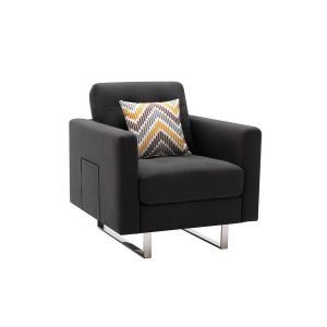 Lilola Home - Victoria Dark Gray Linen Fabric Armchair with Metal Legs, Side Pockets, and Pillow - 88865-C
