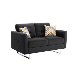 Lilola Home - Victoria Dark Gray Linen Fabric Loveseat with Metal Legs, Side Pockets, and Pillows - 88865-L