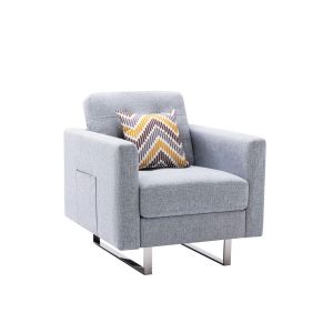 Lilola Home - Victoria Light Gray Linen Fabric Armchair with Metal Legs, Side Pockets, and Pillow - 88865LG-C