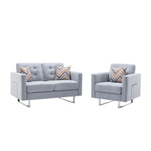 Lilola Home - Victoria Light Gray Linen Fabric Loveseat Chair Living Room Set with Metal Legs, Side Pockets, and Pillows - 88865LG