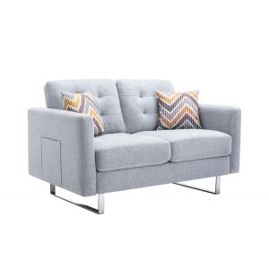Lilola Home - Victoria Light Gray Linen Fabric Loveseat with Metal Legs, Side Pockets, and Pillows - 88865LG-L