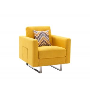 Lilola Home - Victoria Yellow Linen Fabric Armchair with Metal Legs, Side Pockets, and Pillow - 88865YW-C