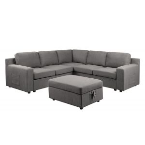 Lilola Home - Waylon Gray Linen 6-Seater L-Shape Sectional Sofa with Storage Ottoman and Pockets - 81803-5