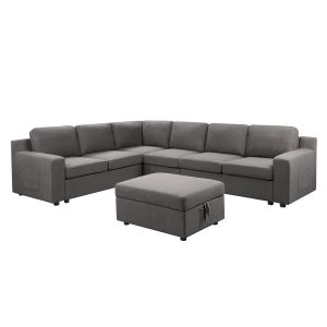 Lilola Home - Waylon Gray Linen 7-Seater L-Shape Sectional Sofa with Storage Ottoman and Pockets - 81803-3