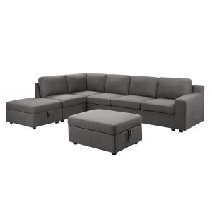Lilola Home - Waylon Gray Linen 7-Seater L-Shape Sectional Sofa with Storage Ottomans and Pockets - 81803-1