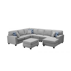 Lilola Home - Willowleaf Light Gray Linen 7Pc Modular L-Shape Sectional Sofa Chaise and Ottoman - 89120-1