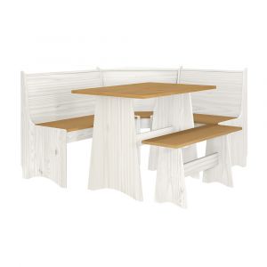 Living Essentials by Hillsdale - Gablewood Wood L-Shaped Dining Nook Set, Washed White with Honey Tops - 5301-800