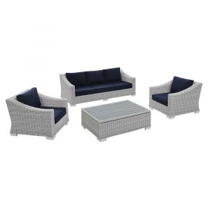 Modway - Conway Sunbrella Outdoor Patio Wicker Rattan 4-Piece Furniture Set in Light Gray Navy - EEI-4359-LGR-NAV
